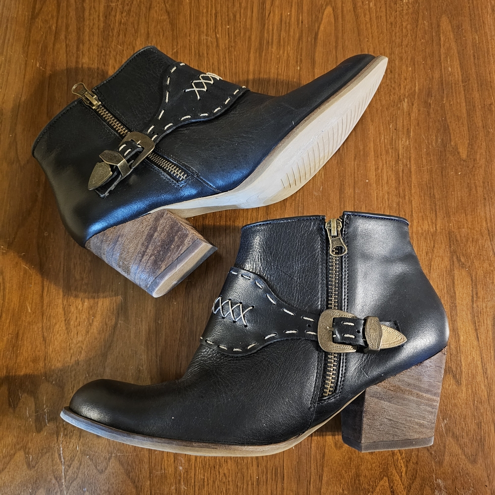 Black Leather Ankle Booties with Side Buckle and Stacked Wood Heel